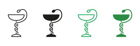 Bowl with Snake Line and Silhouette Icon Set. Pharmaceutical or Medical Clinic, Drugstore, Hospital Symbol Collection. Pharmacy Black and Color Pictogram. Isolated Vector Illustrationのイラスト素材