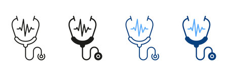 Stethoscope Line and Silhouette Icon Set. Heart Illness Diagnosis Medical Tool Black and Color Pictogram. Doctors Instrument, Pulse Examination Symbol Collection. Isolated Vector Illustrationのイラスト素材