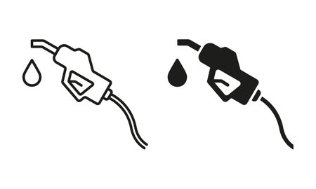 Fuel Nozzle Holder with Hose on Petrol Station Line and Silhouette Icon Set. Petroleum Energy Pump on Gas Station Symbol on White Background. Fossil Fill Nozzle. Isolated Vector Illustrationのイラスト素材