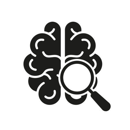 Human Mind Research Solid Pictogram. Brain with Magnifier Black Silhouette Icon. Neurology Science Exploration Glyph Symbol on White Background. Isolated Vector Illustrationのイラスト素材