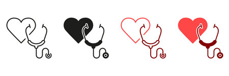 Stethoscope Line and Silhouette Icon Set. Heart Illness Diagnosis Tool. Doctors Instrument for Pulse Examination, Medic Equipment Black and Color Symbol Collection. Isolated Vector Illustrationのイラスト素材
