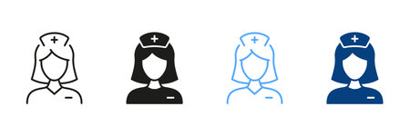 Hospital Staff Pictogram. Doctor Woman Line and Silhouette Icon Set. Female Medical Specialist. Physician Professional. Nurse Symbol Black and Color Collection. Isolated Vector Illustrationのイラスト素材