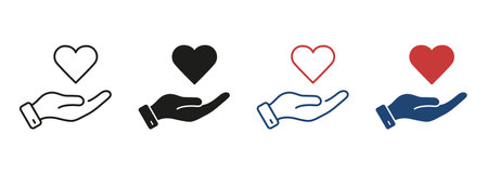 Love, Health, Charity, Care, Help Line and Silhouette Color Icon Set. Human Hand and Heart Shape...