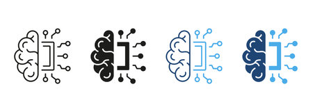 AI Innovation Concept Line and Silhouette Color Icon Set. Human Brain, Network Chip Technology...