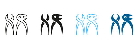 Dentist Surgeon Equipment. Tooth Pliers Silhouette and Line Icon Set. Dentistry Treatment Pictogram. Oral Medicine Black and Color Symbol. Dental Extraction Instrument. Isolated Vector Illustrationのイラスト素材