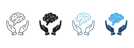 Neurology, Psychology Line and Silhouette Color Icon Set. Human Brain with Hands Pictogram. Education, Logic Analysis, Memory, Mind Symbol Collection on White Background. Isolated Vector Illustrationのイラスト素材