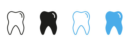 Human Tooth Line and Silhouette Color Icon Set. Oral Hygiene Pictogram. Tooth Care, Dental Treatment Symbol Collection on White Background. Dentistry Clinic Logo. Isolated Vector Illustrationのイラスト素材