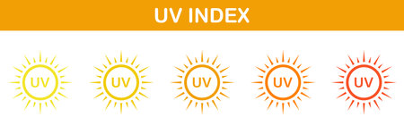 Sun Radiation Index Icons Set. Skin Protection From Sunlight Pictogram. Block Danger Solar Ultraviolet Rays Symbol Collection. SPF Label. Isolated Vector Illustrationのイラスト素材