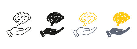 Neurology, Psychology Line and Silhouette Color Icon Set. Human Brain with Hands Pictogram. Education, Logic Analysis, Memory, Mind Symbol Collection on White Background. Isolated Vector Illustrationのイラスト素材