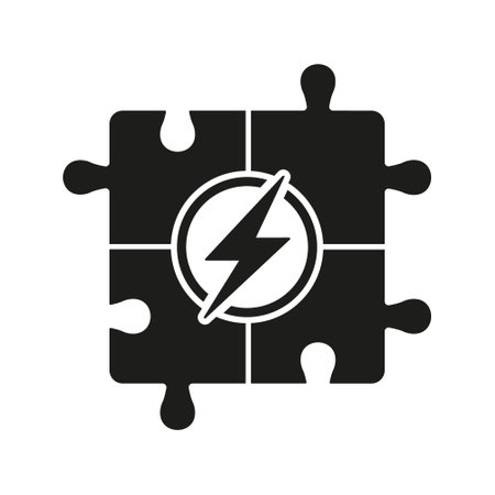 Brainstorming, Jigsaw Combination with Lightning, Find Solution Silhouette Icon. Connect Together. Teamwork Strategy Solid Sign. Puzzle Pieces with Bolt Glyph Pictogram. Isolated Vector Illustrationのイラスト素材