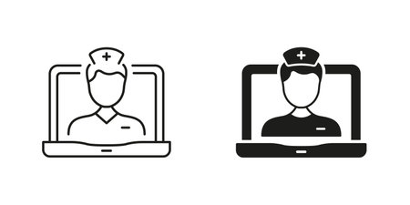 Physician Consultation. Online Medical Service in Laptop Line and Silhouette Black Icon Set. Telemedicine Healthcare Symbol Collection. Remote Virtual Doctor Man. Isolated Vector Illustrationのイラスト素材