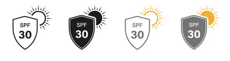 Sunblock SPF 30, Skin Protect Pictogram. Shield Block Ultraviolet Rays Symbol Collection. Sun Protection Line and Silhouette Icon Set. Summer Cream, Solar Safety Label. Isolated Vector Illustrationのイラスト素材
