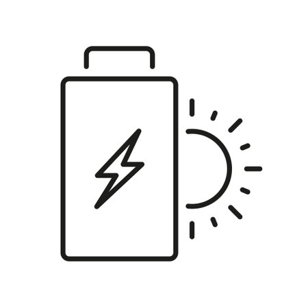 Solar Battery Line Icon. Sun Light Sustainable Power, Ecological Technology Linear Pictogram. Renewable Green Alternative Energy Symbol. Ecologism Sign. Editable Stroke. Isolated Vector Illustrationのイラスト素材