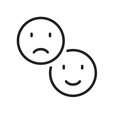 Happy Smile and Sad Face Line Icon. Negative and Positive Emoji Linear Pictogram. Good and Unhappy Emoticon Outline Symbol. Feedback Sign. Editable Stroke. Isolated Vector Illustrationのイラスト素材