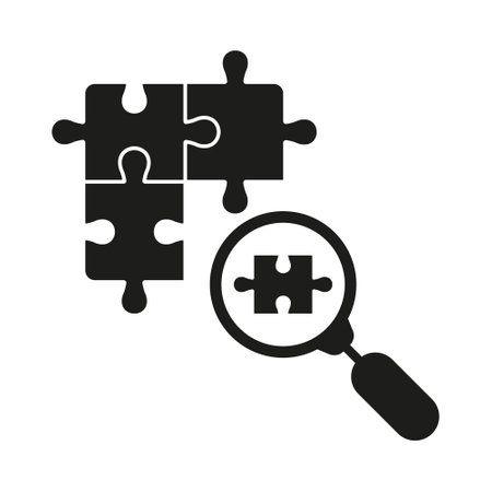 Magnifier with Puzzle Parts Solid Sign. Magnifying Glass and Jigsaw Pieces Silhouette Icon. Problem Solving Glyph Pictogram. Research, Discovery, Exploration. Isolated Vector Illustrationのイラスト素材