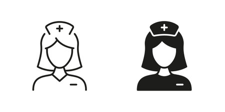 Hospital Staff Pictogram. Doctor Woman Line and Silhouette Black Icon Set. Female Medical Specialist Sign. Healthcare Physician Professional. Nurse Symbol Collection. Isolated Vector Illustrationのイラスト素材