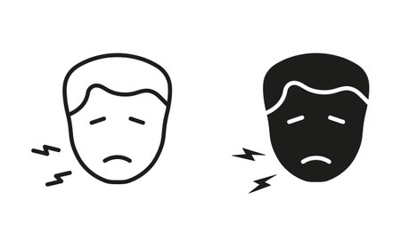 Male with Dental Pain, Teeth Ache Black Pictogram Collection. Man with Toothache Silhouette and Line Icon Set. Human Oral Disease, Dentists Medical Treatment Symbol. Isolated Vector Illustrationのイラスト素材