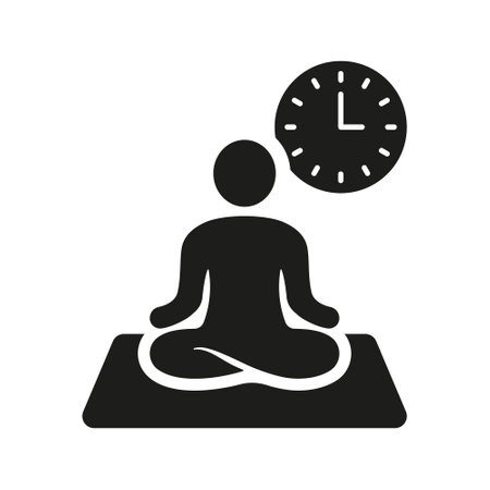 Yoga Time, Relax and Meditation Silhouette Icon. Harmony Glyph Pictogram. Mindfulness, Workout Alarm Sign. Person Sitting in Lotus Pose and Clock Solid Symbol. Isolated Vector Illustrationのイラスト素材