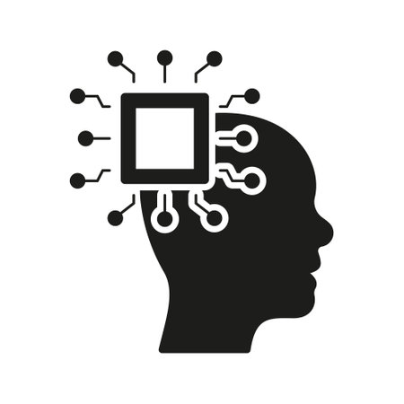 Artificial Intelligence Silhouette Icon. AI in Human Brain Glyph Pictogram. Digital Technology and...