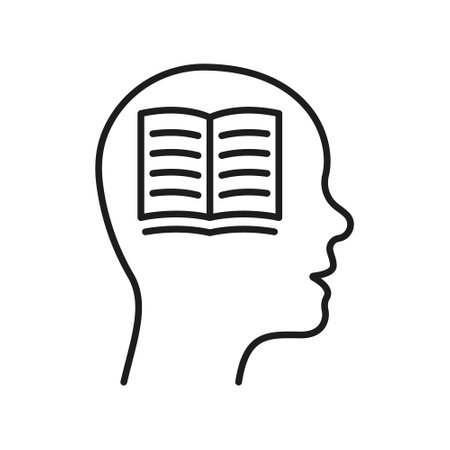 Learning, Knowledge, Education Line Icon. Book in Human Head Linear Pictogram. Student Brain and Creative Idea Outline Sign. Intellectual Process. Editable Stroke. Isolated Vector Illustrationのイラスト素材