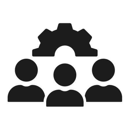 Teamwork and Cooperation Silhouette Icon. Project Management Glyph Pictogram. Employee Team with Gear Solid Sign. Group Of People with Cog Wheel, Workforce Symbol. Isolated Vector Illustratioのイラスト素材