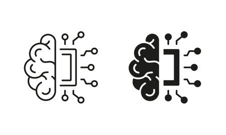 AI Innovation Concept Line and Silhouette Icon Set. Human Brain, Network Chip Technology Pictogram. Artificial Intelligence Symbol Collection on White Background. Isolated Vector Illustrationのイラスト素材