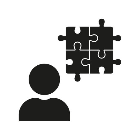 Puzzle Matching and Person Brainstorming Silhouette Icon. Problem Solving Glyph Pictogram. Team Building and Communication. Business Cooperation Solid Symbol. Isolated Vector Illustrationのイラスト素材