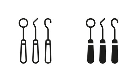 Dental Instruments Silhouette and Line Icon Set. Dentistry Professional Equipment Pictogram Collection. Stomatology Sign. Dentists Tools for Tooth Medical Care Symbol. Isolated Vector Illustrationのイラスト素材
