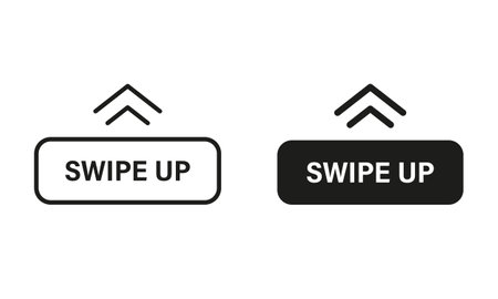 Swipe Up Button Line and Silhouette Black Icon Set. Slide, Drag Action Pictogram. Move Gesture Button for Social Media App Symbol Collection on White Background. Isolated Vector Illustrationのイラスト素材
