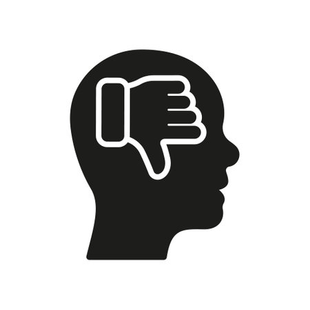 Negative Thinking Silhouette Icon. Thumb Down in Human Head Pessimism and Frustration Symbol. Mental Disorder, Bad Mood Glyph Pictogram. Pessimistic Person Solid Sign. Isolated Vector Illustrationのイラスト素材