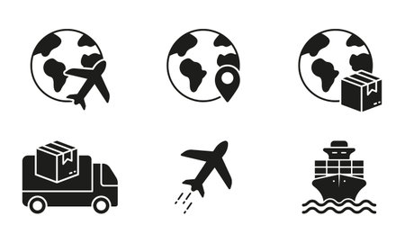 Plane, Truck, Ship For International Delivery Service Silhouette Icon Set. Shipping Transport Glyph Pictogram. Cargo Shipment Solid Sign. Global Export Symbol Collection. Isolated Vector Illustrationのイラスト素材