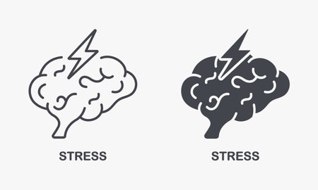 Human Brain with Lightning Headache, Anxiety and Tension Symbol Collection. Stress, Mental Problem Silhouette and Line Icon Set. Migraine, Cephalalgia, Depression. Isolated Vector Illustrationのイラスト素材