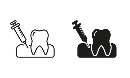 Dental Anesthesia for Tooth Treatment Silhouette and Line Icon Set. Oral Medicine. Anesthetic Injection in the Gum. Dental Treatment, Dentistry Black Symbol Collection. Isolated Vector Illustrationのイラスト素材