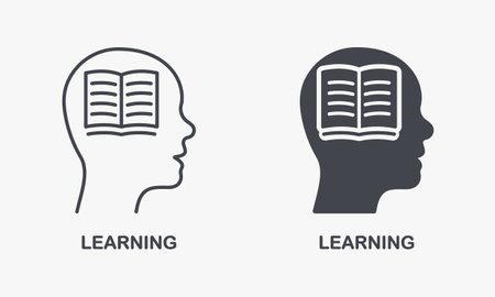 Learning, Cognition, Wisdom, Idea, Knowledge, Education Silhouette and Line Icon Set. Book in Human Head Pictogram. Intelligent Brain Symbol Collection. Isolated Vector Illustrationのイラスト素材