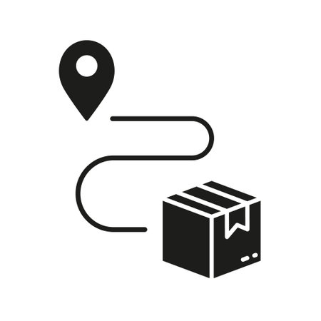 Pin on Map with Box, Shipment Distance Silhouette Icon. Parcel Location Glyph Pictogram. Delivery Service Route Solid Sign. Order Path Symbol. Isolated Vector Illustrationのイラスト素材