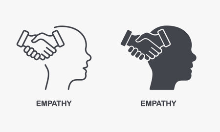 Empathy and Compassion Silhouette and Line Icon Set. Human Head and Agreement Handshake Pictogram. Solidarity, Emotional Solace Symbol Collection. Isolated Vector Illustrationのイラスト素材