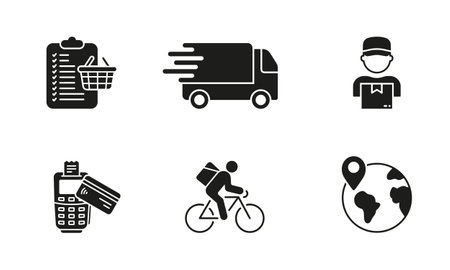 Online Shop Silhouette Icon Set. Global Delivery, Shipping, E-commerce Glyph Pictogram. Supermarket Shopping Solid Sign. Purchase Payment Symbol Collection. Isolated Vector Illustrationのイラスト素材