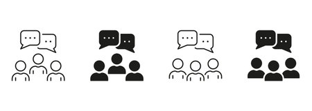 Social Communication Line and Silhouette Icon Set. Speak At Meeting Pictogram. Business Discussion Symbol Collection. Work Community Sign. People With Speech Bubble. Isolated Vector Illustrationのイラスト素材