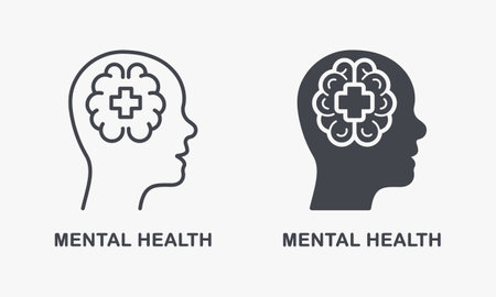 Mental Health Silhouette and Line Icon Set. Psychology Care, Psychiatry Emotional Support Symbol Collection. Medical Aid for Human with Psychological Disorder Pictogram. Isolated Vector Illustrationのイラスト素材