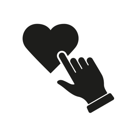 Cursor Click On Heart Shape Button. Human Finger Tap On Heart Silhouette Icon. Like On Social Media App Solid Pictogram. Romantic Love At Valentines Day Symbol. Isolated Vector Illustrationのイラスト素材