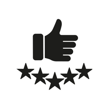 Customer Satisfaction Silhouette Icon. Positive Feedback. Thumb Up With Five Stars Glyph Pictogram....