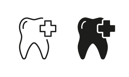 Dental Treatment Black Symbol Collection. Oral Medicine Clinic. Medical Treatment Tooth with Cross, Silhouette and Line Icon Set. Dental Care Pictogram. Isolated Vector Illustrationのイラスト素材