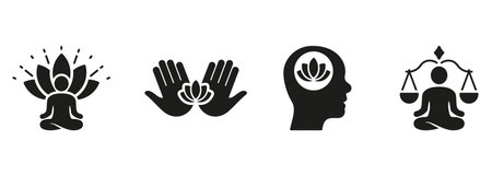 Mental Health, Yoga And Balance Silhouette Icon Set. Person Meditate In Lotus Position Symbol Collection. Wellness Glyph Pictogram. Calm Mind, Zen Pose Sign. Isolated Vector Illustrationのイラスト素材