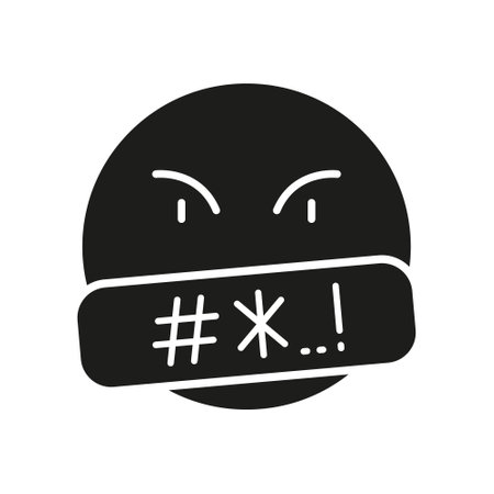 Angry Emoji Face Silhouette Icon. Curse Emoticon With Symbols Over Mouth Pictogram. Bad Customer Feedback, Negative Emotion Solid Sign. Complain Message Symbol. Isolated Vector Illustrationのイラスト素材
