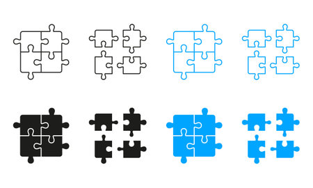 Square Jigsaw Parts Fit Line and Silhouette Icon Set. Puzzle Pieces Match. Teamwork, Idea, Logic Game, Combination Solution Concept. Editable Stroke. Isolated Vector Illustrationのイラスト素材