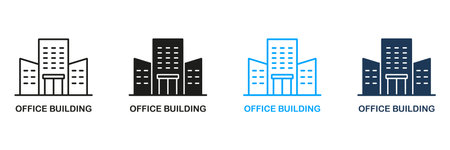 Office Building Line and Silhouette Icon Set. Real Estate Business Pictogram. Residential House Construction Symbol. City Apartment Sign. Editable Stroke. Isolated Vector Illustrationのイラスト素材
