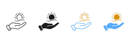 Human Hand Holds Sun Line and Silhouette Icon Set. Environment Care Pictogram. Morning Sunlight Symbol. Ecological Solar Energy Sign. Editable Stroke. Isolated Vector Illustrationのイラスト素材