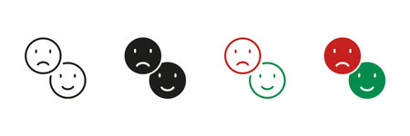Happy Smile and Sad Face Line and Silhouette Icon Set. Negative and Positive Emoji Pictogram. Good and Unhappy Emoticon Symbol. Feedback Sign. Editable Stroke. Isolated Vector Illustrationのイラスト素材