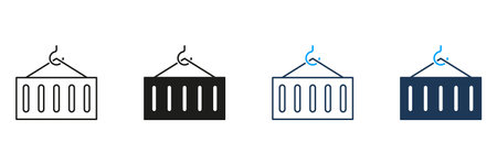 Container on Metal Crane Line and Silhouette Icon Set. Warehouse Equipment Pictogram. Freight Loading and Transportation Symbol. Export and Import Sign. Editable Stroke. Isolated Vector Illustrationのイラスト素材