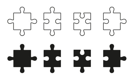 Puzzle Pieces Fit Line and Silhouette Icon Set. Teamwork, Idea, Logic Game, Combination Solution Concept. Editable Stroke. Isolated Vector Illustrationのイラスト素材